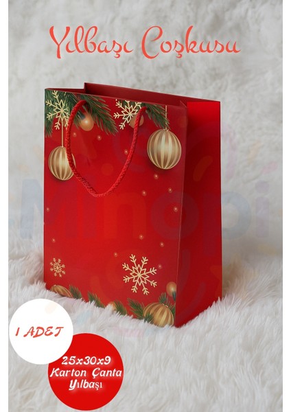 Noel Desenli Hediye Çantası Kırmızı I 1 Adet Yılbaşı Hediye Poşeti 25X30X9 Christmas