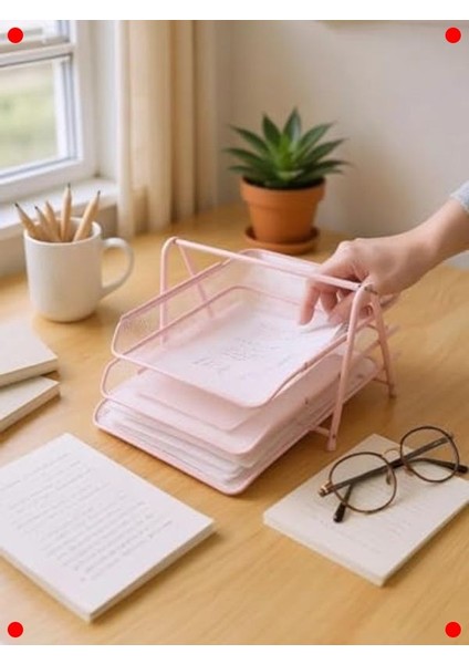 Toz Pembe 3'lü Metal Evrak Rafı Seti