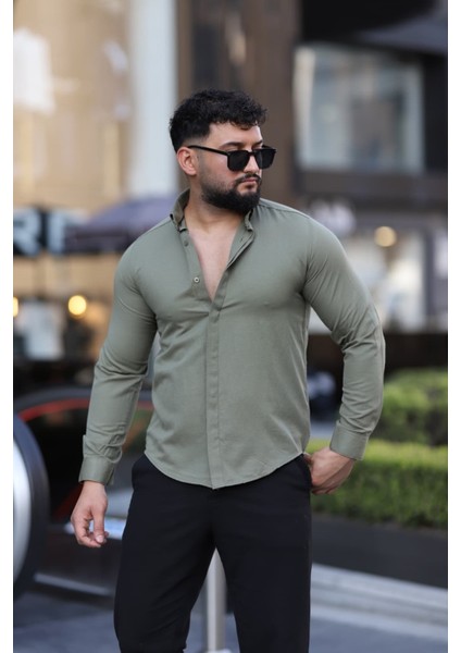 Saklı Düğmeli Slim Fit Klasik Yaka Uzun Kol Pamuk Gömlek