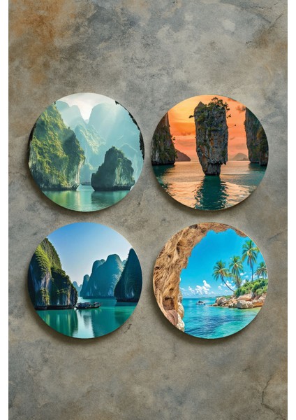 Ev Dekor Oval Pleksi Bardak Altlığı Temalı Desenli 4'lü Set Phuket