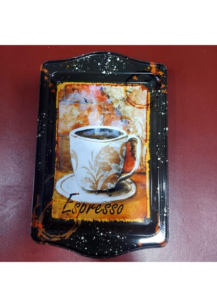 Küçük Coffee Desenli Metal Tepsi Genişlik 15,7cm Uzunluk 24,5cm 1 Adet