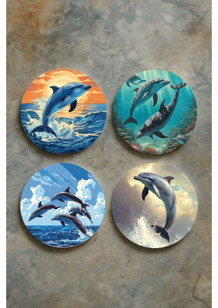 Ev Dekor Oval Pleksi Bardak Altlığı Temalı Desenli 4'lü Set Yunus