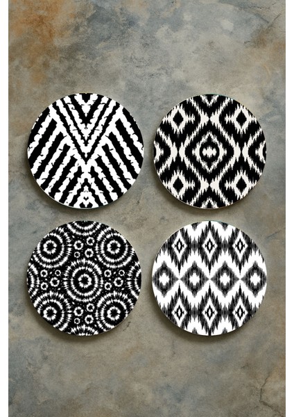 Ev Dekor Oval Pleksi Bardak Altlığı Temalı Desenli 4'lü Set Siyah Sanat