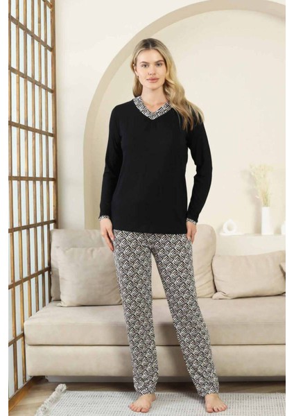 Etnik Desenli Kadın Pijama Takımı - Siyah V Yaka Uzun Kollu Bambu Likralı 2866UY