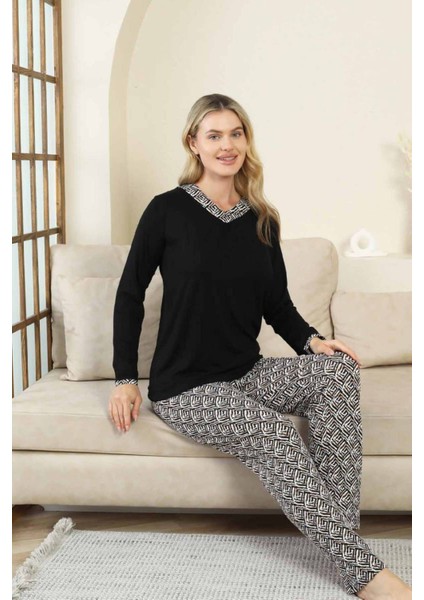Etnik Desenli Kadın Pijama Takımı - Siyah V Yaka Uzun Kollu Bambu Likralı 2866UY fiyatları