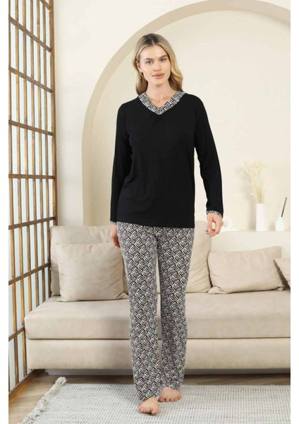 Etnik Desenli Kadın Pijama Takımı - Siyah V Yaka Uzun Kollu Bambu Likralı 2866UY modelleri