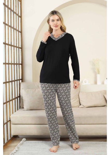 Etnik Desenli Kadın Pijama Takımı - Siyah V Yaka Uzun Kollu Bambu Likralı 2866UY fırsatları
