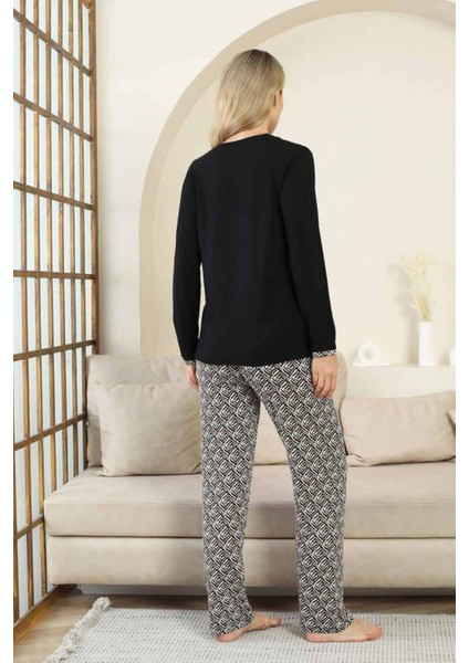 Etnik Desenli Kadın Pijama Takımı - Siyah V Yaka Uzun Kollu Bambu Likralı 2866UY indirimleri