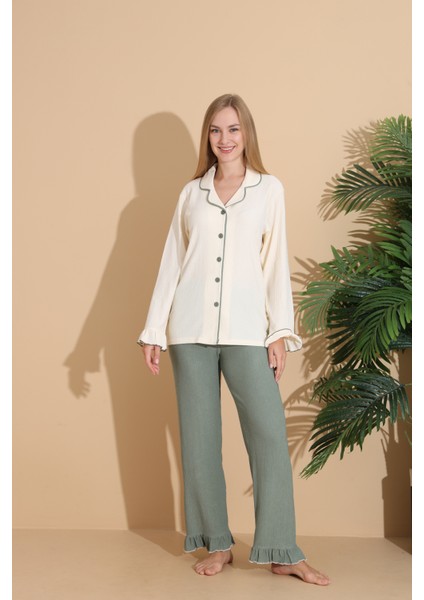 Bürümcük Kumaş Önden Düğmeli Uzun Kollu Kadın Pijama Takımı 6004