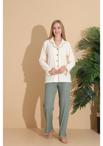 Bürümcük Kumaş Önden Düğmeli Uzun Kollu Kadın Pijama Takımı 6004 fiyatları
