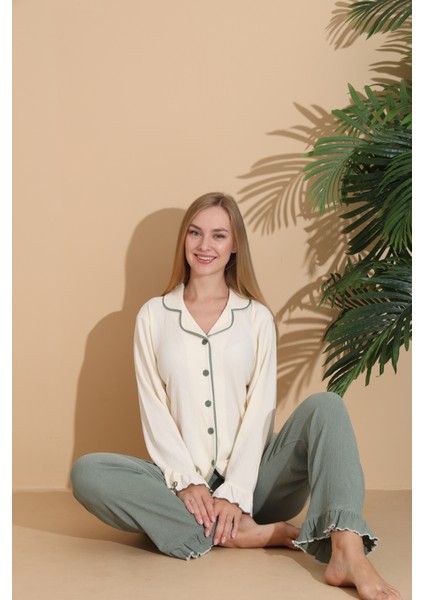 Bürümcük Kumaş Önden Düğmeli Uzun Kollu Kadın Pijama Takımı 6004 modelleri