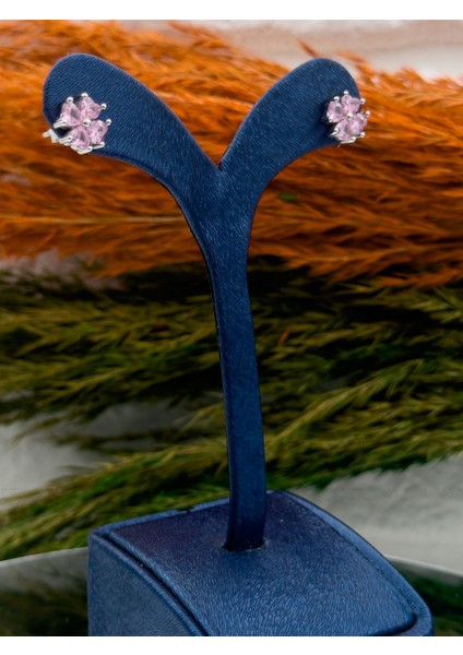 925 Ayar Gümüş Kalpli Pembe Kuvars Taşlı Zarif Kadın Küpe