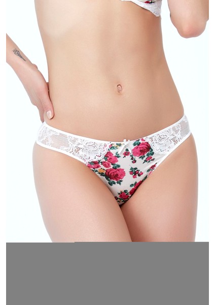 Golshan Gardenia Mini Sitring, Kadın Dantelli Çiçek Baskılı Ekru String Külot