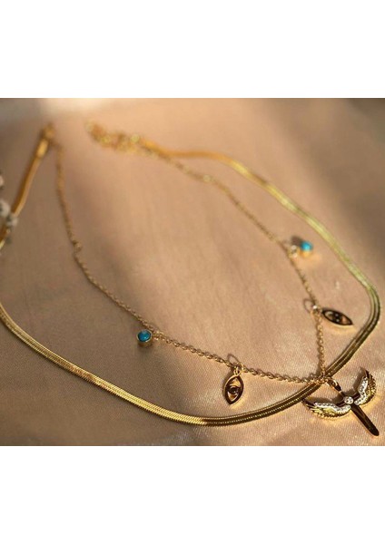 Melek Kanatlı ve Mavi Nazar Ikili Kolye Ezme Zincir – Kaliteli Altın Renk Paslanmaz Çelik