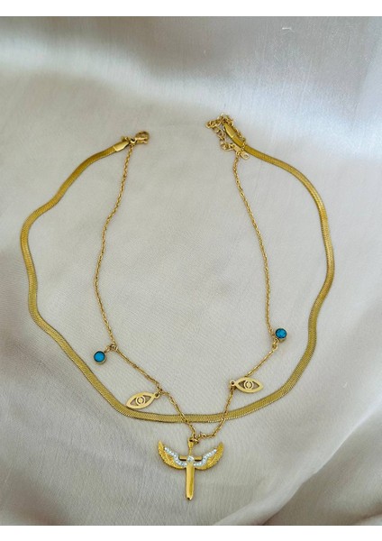 Melek Kanatlı ve Mavi Nazar Ikili Kolye Ezme Zincir – Kaliteli Altın Renk Paslanmaz Çelik fiyatları