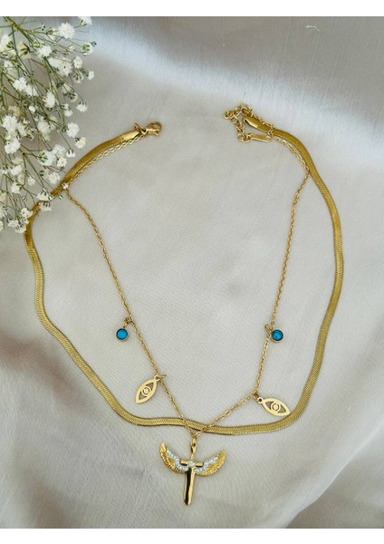 Melek Kanatlı ve Mavi Nazar Ikili Kolye Ezme Zincir – Kaliteli Altın Renk Paslanmaz Çelik modelleri