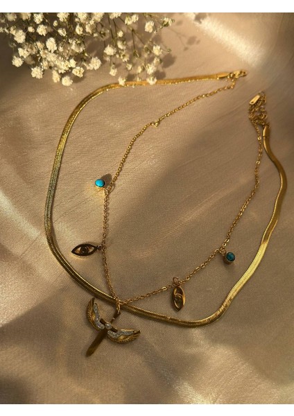 Melek Kanatlı ve Mavi Nazar Ikili Kolye Ezme Zincir – Kaliteli Altın Renk Paslanmaz Çelik fırsatları