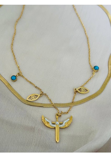 Melek Kanatlı ve Mavi Nazar Ikili Kolye Ezme Zincir – Kaliteli Altın Renk Paslanmaz Çelik indirimleri
