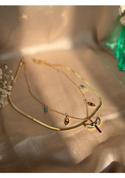 Melek Kanatlı ve Mavi Nazar Ikili Kolye Ezme Zincir – Kaliteli Altın Renk Paslanmaz Çelik