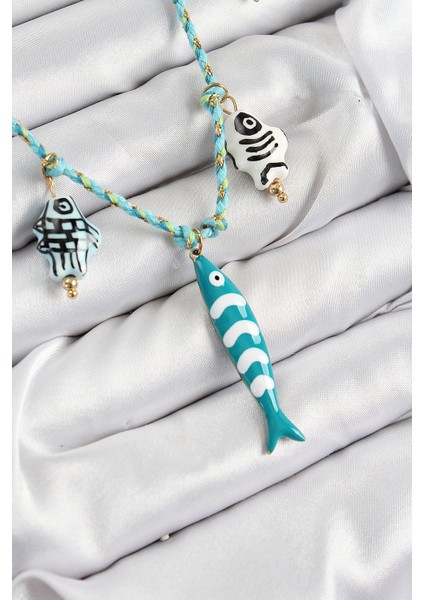 Seramik Motifli Balık Figürlü Model Mavi Ip Kadın Kolye