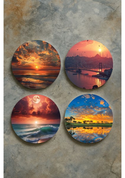 Ev Dekor Oval Pleksi Bardak Altlığı Temalı Desenli 4'lü Set Gün Batımı