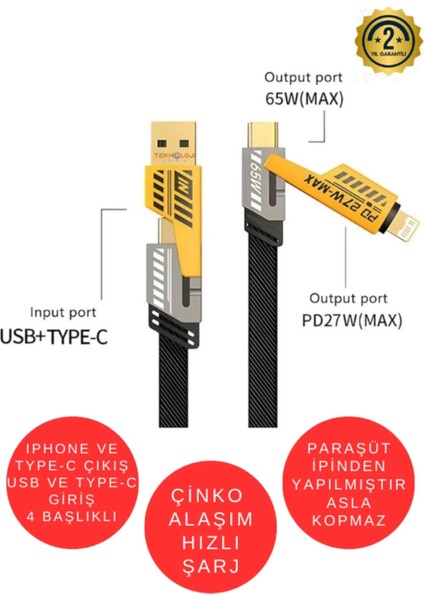 Şarj Kablosu 27W ve 65W Hızlı Şarj Type-C Iphone Hepsi Ile Uyumlu Paraşüt Ipinden Kopmaz Kablo