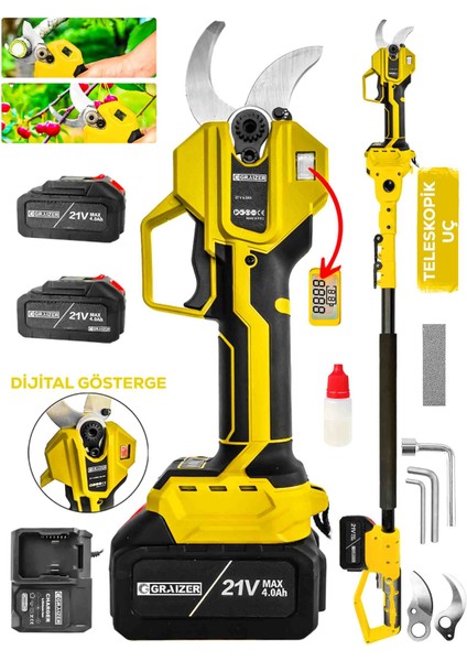 S-50 mm Dijital Kömürsüz Akülü Bağ Dal Ağaç Kesme Biçme Budama Şarjlı Makası Makinesi + Teleskop