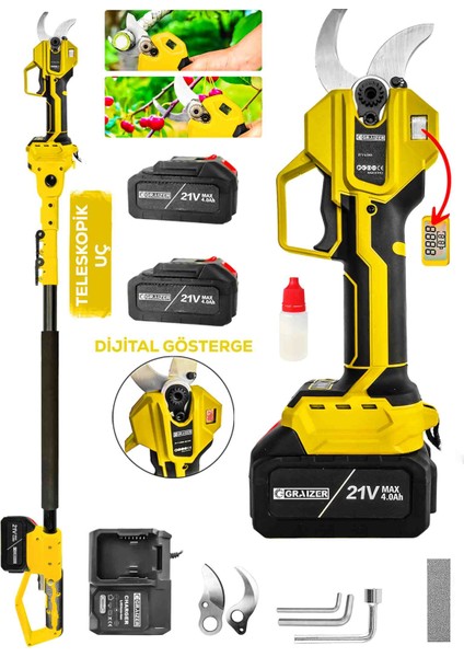 S-50 mm Dijital Kömürsüz Akülü Bağ Dal Ağaç Kesme Biçme Budama Şarjlı Makası Makinesi + Teleskop fiyatları
