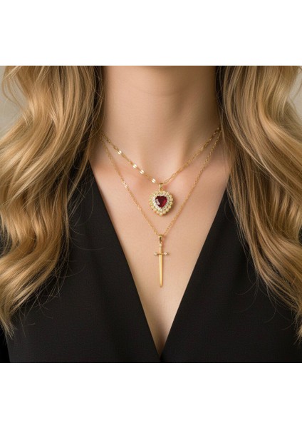 Pamuk Prenses ve Avcı Arkadaşlık Çelik Çift Kolye- Kalp Kılıç Çift Çelik Kolye ( Lüks. Renk Atmaz )