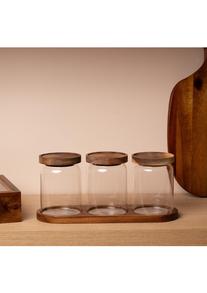 3’lü Akasya Kapaklı ve Stantlı Cam Kavanoz Seti