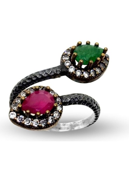 Otantik Ayarlanabilir Damla Yakut Zümrüt Gümüş Kadın Yüzük