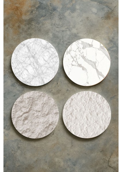 Ev Dekor Oval Pleksi Bardak Altlığı Temalı Desenli 4'lü Set Beyaz Mermer