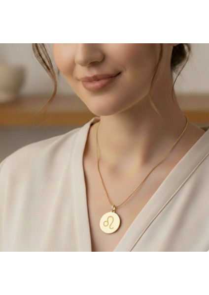 316L Altın Kaplama Aslan Burcu Kadın Kolye – Lazer Işlemeli Zodyak Sembolü