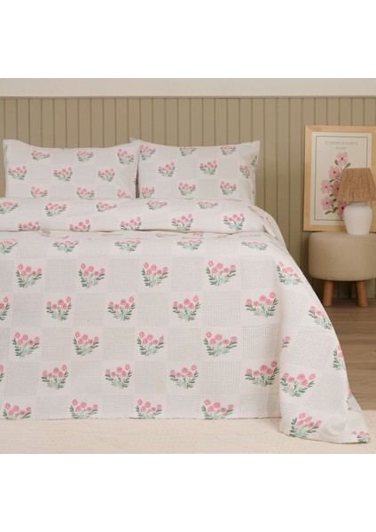 Soft Folky Çift Kişilik Pike Takımı - Beyaz / Pembe