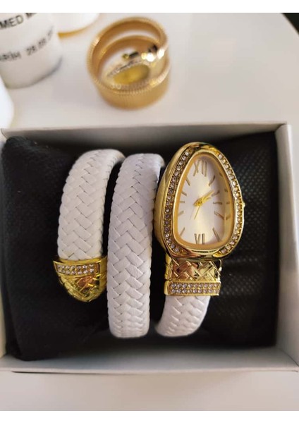 Yılan Model Taşlı Kadın Kol Saati Beyaz