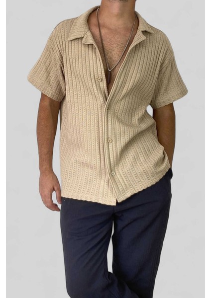 Jakarlı Pamuklu Oversize Triko Örgü Kısa Kollu Siyah Gömlek