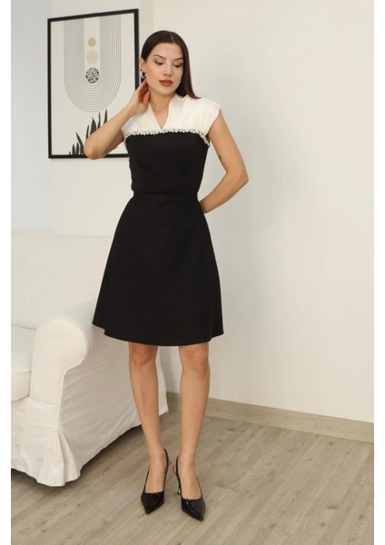 Taş Işleme Detaylı Diz Boyu Abiye Elbise 2360-SIYAH/BEYAZ