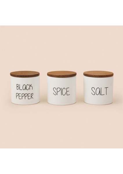 Nero Ahşap Kapaklı 3'lü Seramik Baharatlık Seti - Beyaz / Açık Kahverengi