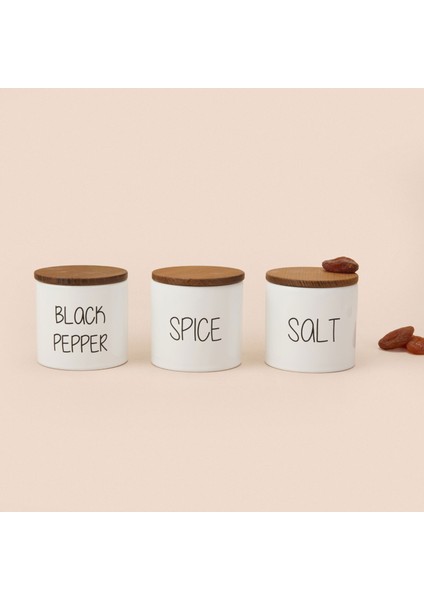 Nero Ahşap Kapaklı 3'lü Seramik Baharatlık Seti - Beyaz / Açık Kahverengi fiyatları