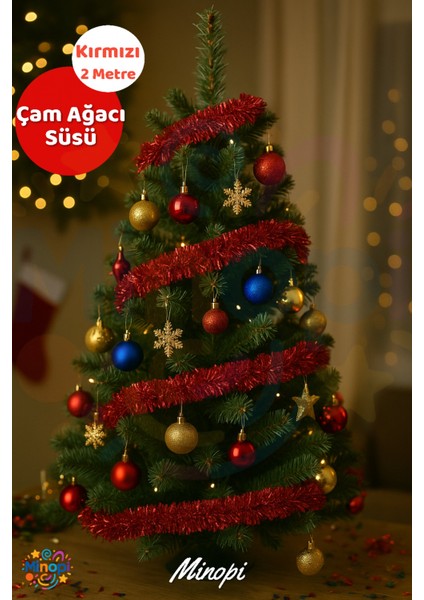 Kırmızı Yılbaşı Garland Doğum Günü Simi Çam Ağacı Süsü 200 cm Boyuna Boyuna Asılan Süsleme Sim