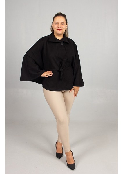 Büyük Beden Kaşe Kemerli Panço Siyah modelleri