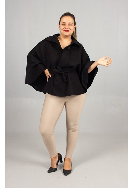 Büyük Beden Kaşe Kemerli Panço Siyah indirimleri