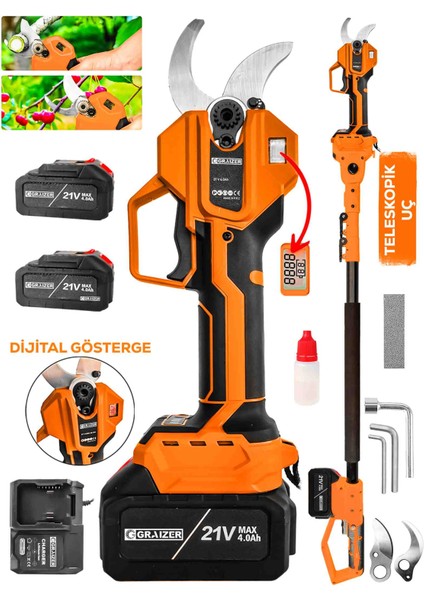 T-50 mm Dijital Kömürsüz Akülü Bağ Dal Ağaç Kesme Biçme Budama Şarjlı Makası Makinesi + Teleskop