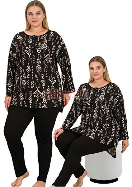 Lady Siyah Renkli ve Etnik Desenli Kadın Uzun Kol Büyük Beden Anne Pijama Takımı