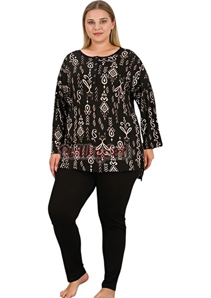 Lady Siyah Renkli ve Etnik Desenli Kadın Uzun Kol Büyük Beden Anne Pijama Takımı fiyatları