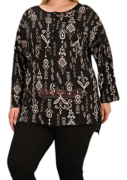 Lady Siyah Renkli ve Etnik Desenli Kadın Uzun Kol Büyük Beden Anne Pijama Takımı modelleri