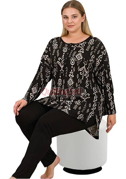 Lady Siyah Renkli ve Etnik Desenli Kadın Uzun Kol Büyük Beden Anne Pijama Takımı fırsatları
