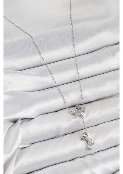 Pirinç Zirkon Taşlı Sallantılı Ayıcıklı Yıldız Model Gümüş Renk Kadın Kolye fiyatları