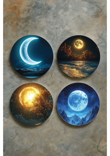 Ev Dekor Oval Pleksi Bardak Altlığı Temalı Desenli 4'lü Set Dolunay