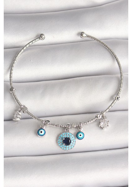 Pirinç Gümüş Renk Sallantı Zirkon Taşlı Nazar Boncuk Figür Charm Kadın Bileklik